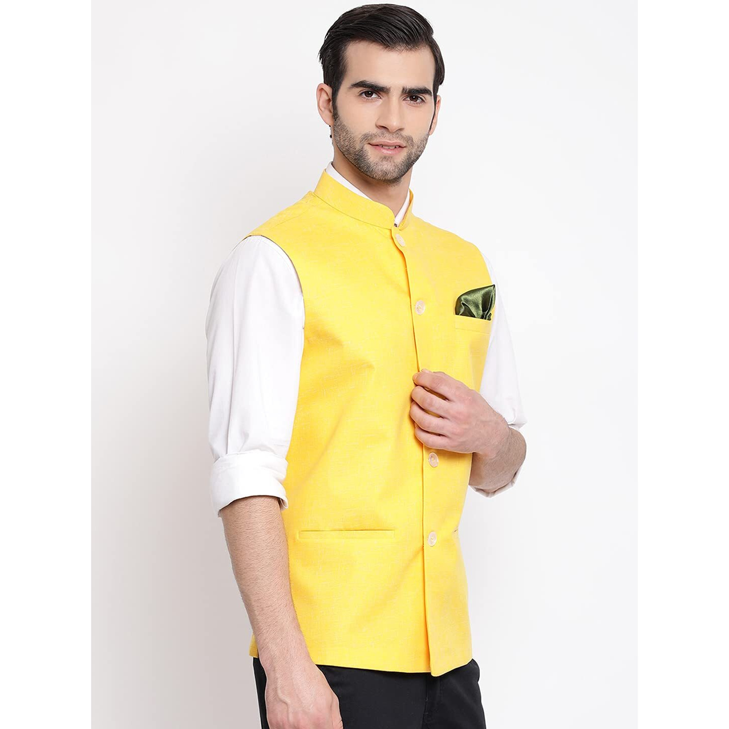 VASTRAMAY Men's Yellow Cotton Blend Nehru Jacket(VASMJ049YW_42- Size-42)