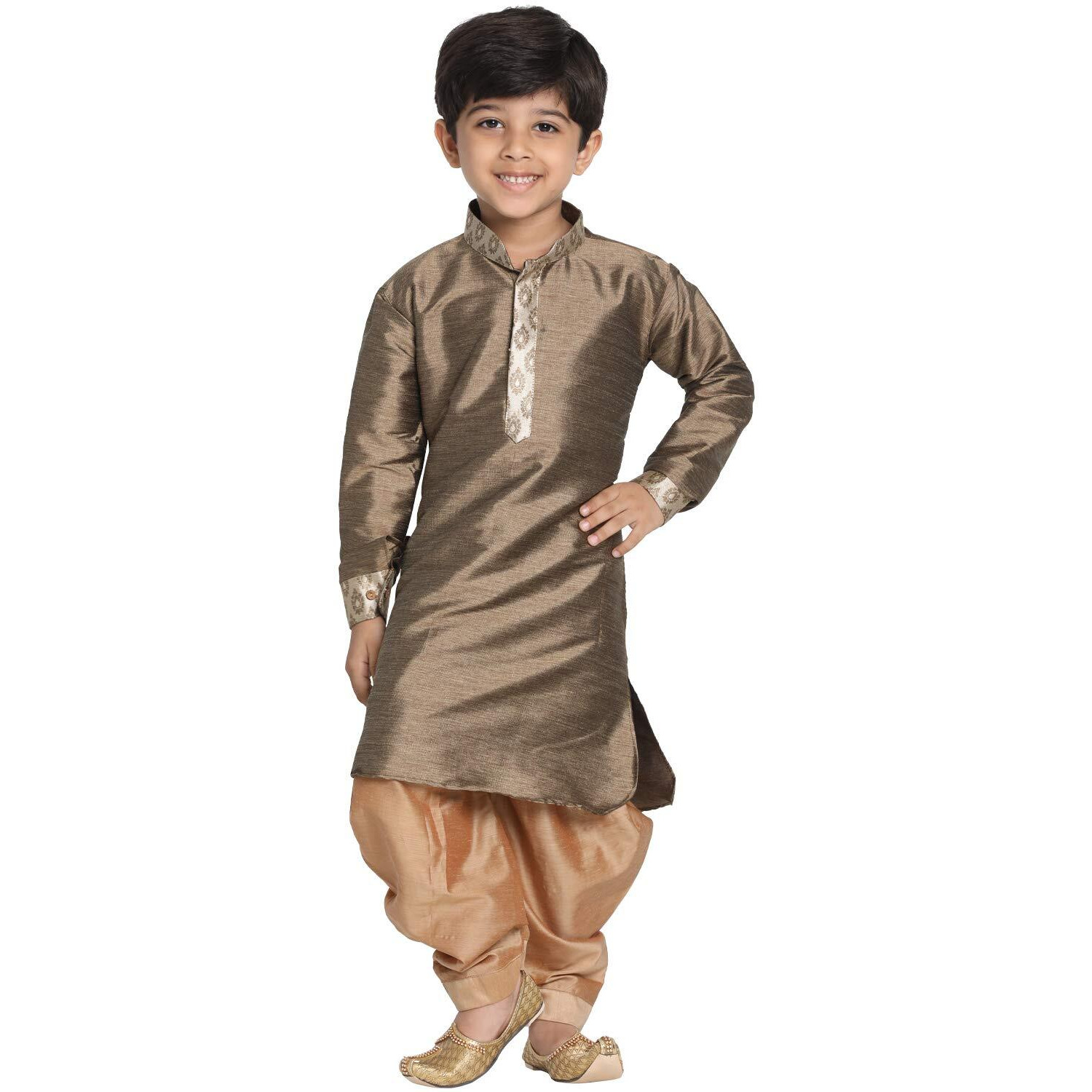 VASTRAMAY JBN Creation Boys' Silk Blend Kurta and Dhoti Pant Set - 13-14 Year, Bronze and Gold