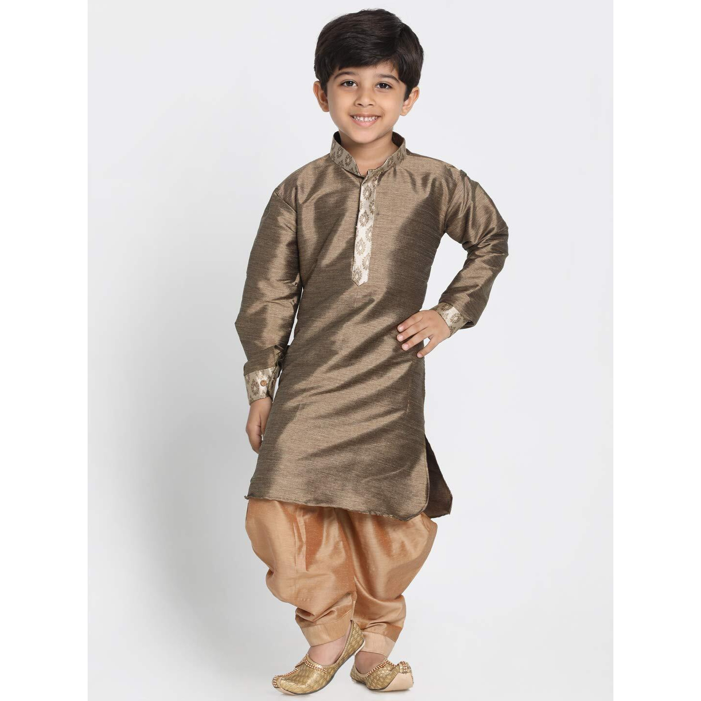 VASTRAMAY JBN Creation Boys' Silk Blend Kurta and Dhoti Pant Set - 13-14 Year, Bronze and Gold