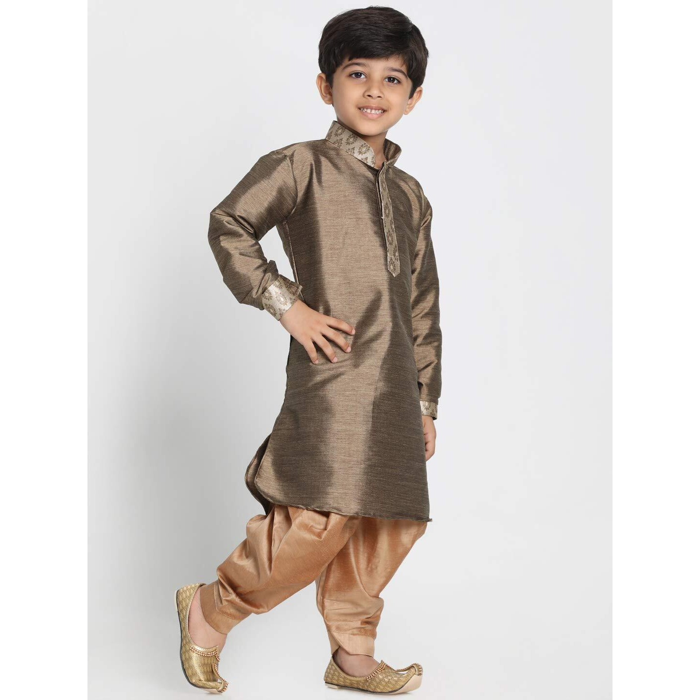 VASTRAMAY JBN Creation Boys' Silk Blend Kurta and Dhoti Pant Set - 13-14 Year, Bronze and Gold
