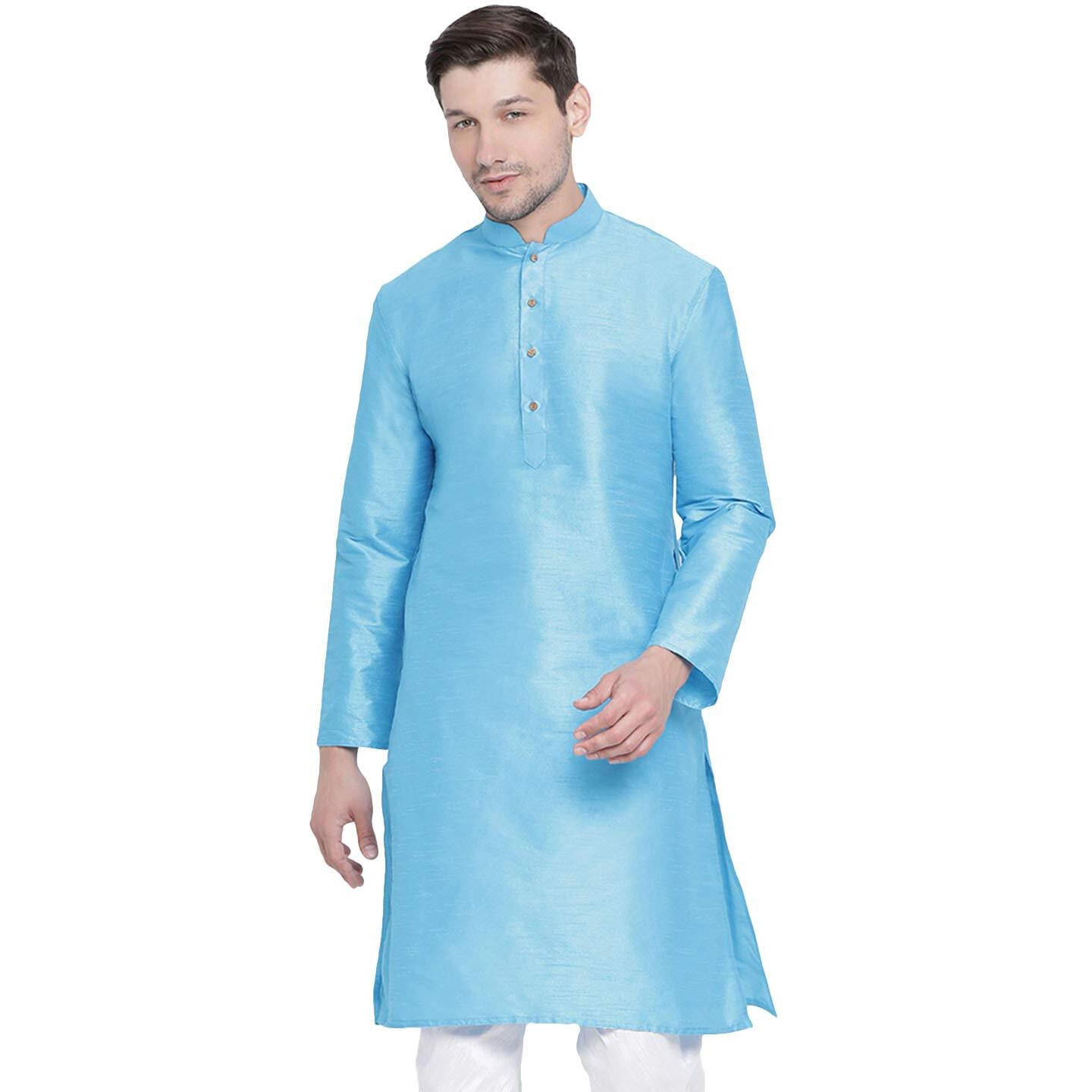 VASTRAMAY Men's Cotton Silk Blend Kurta-New Sky Blue