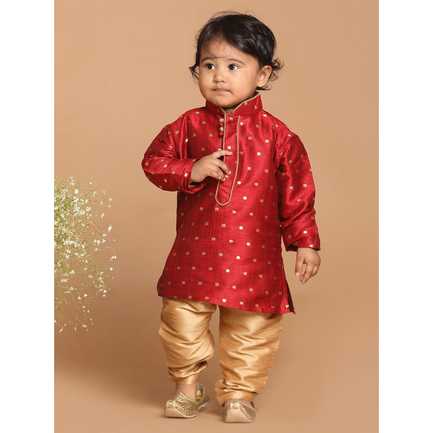 VASTRAMAY Infant Boys Maroon-A and Rose Gold-A Silk Blend Kurta Pyjama Set_VSHISBK023MAnPRG_16