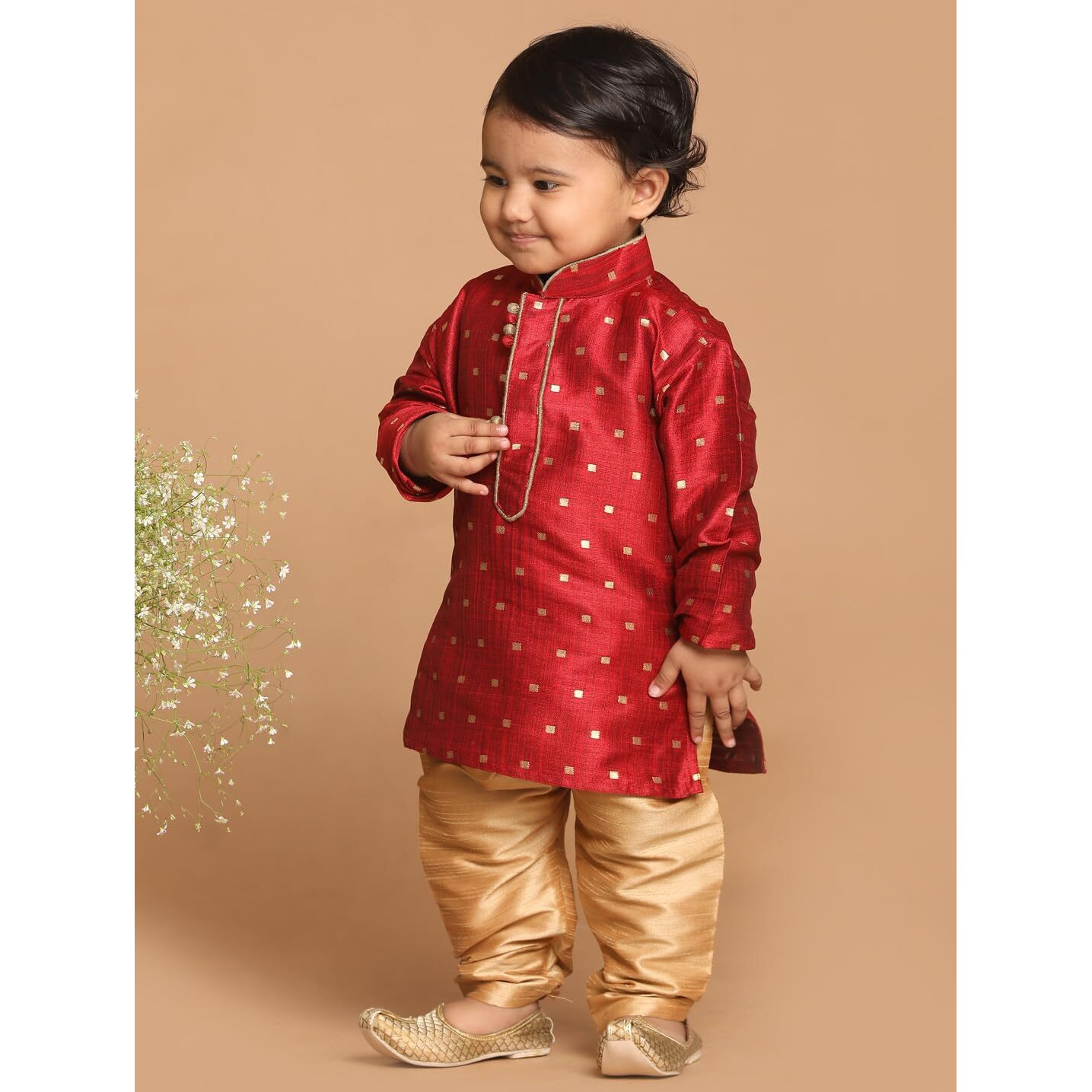 VASTRAMAY Infant Boys Maroon-A and Rose Gold-A Silk Blend Kurta Pyjama Set_VSHISBK023MAnPRG_16
