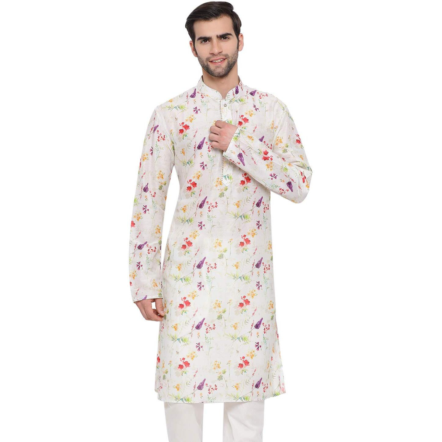 VASTRAMAY Men's Cream Cotton Blend Kurta | Digitally Printed Floral Kurta | Kurta for Festivals - Stylish, Comfortable - Perfect for Celebrations and Cultural Events, Navratri & Diwali