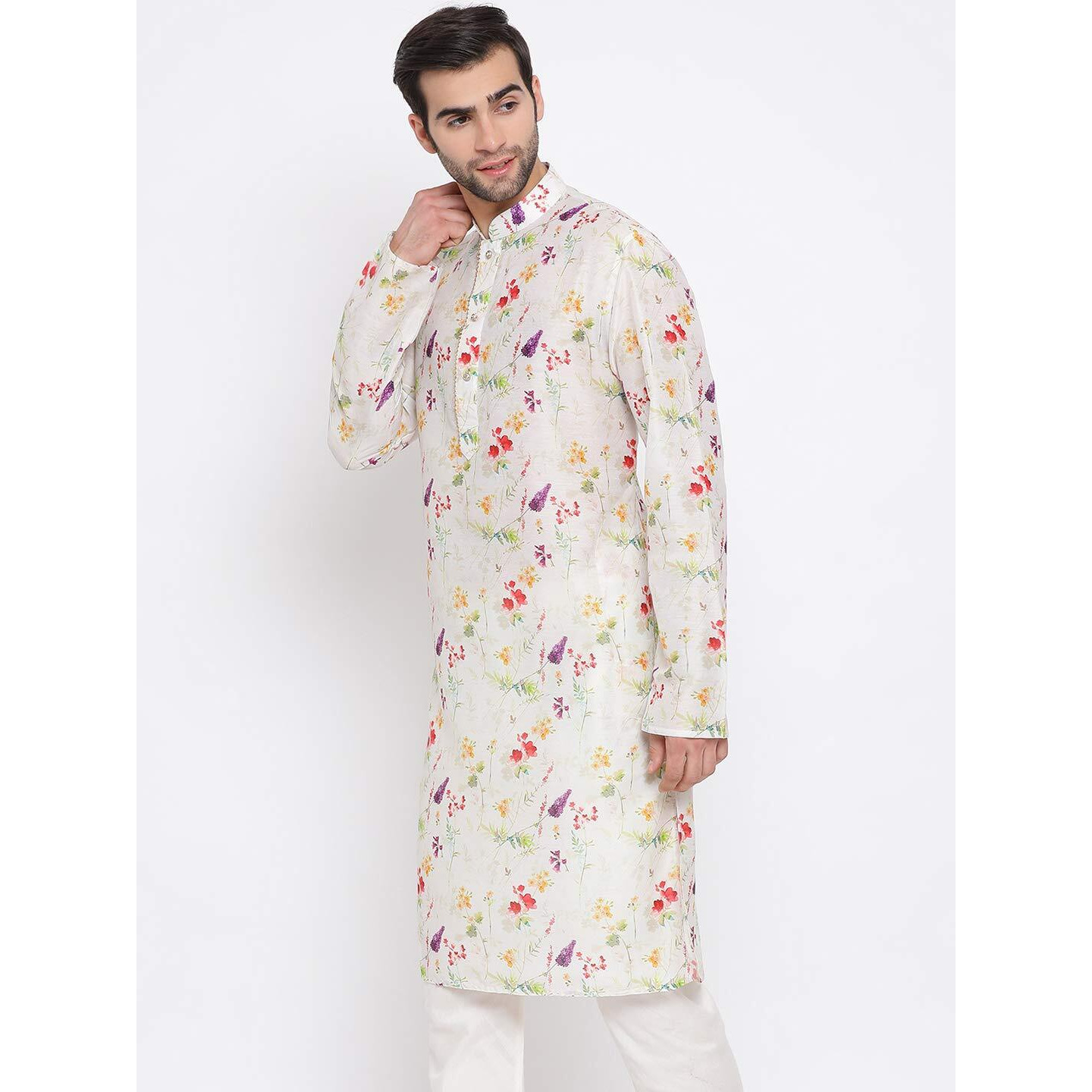 VASTRAMAY Men's Cream Cotton Blend Kurta | Digitally Printed Floral Kurta | Kurta for Festivals - Stylish, Comfortable - Perfect for Celebrations and Cultural Events, Navratri & Diwali