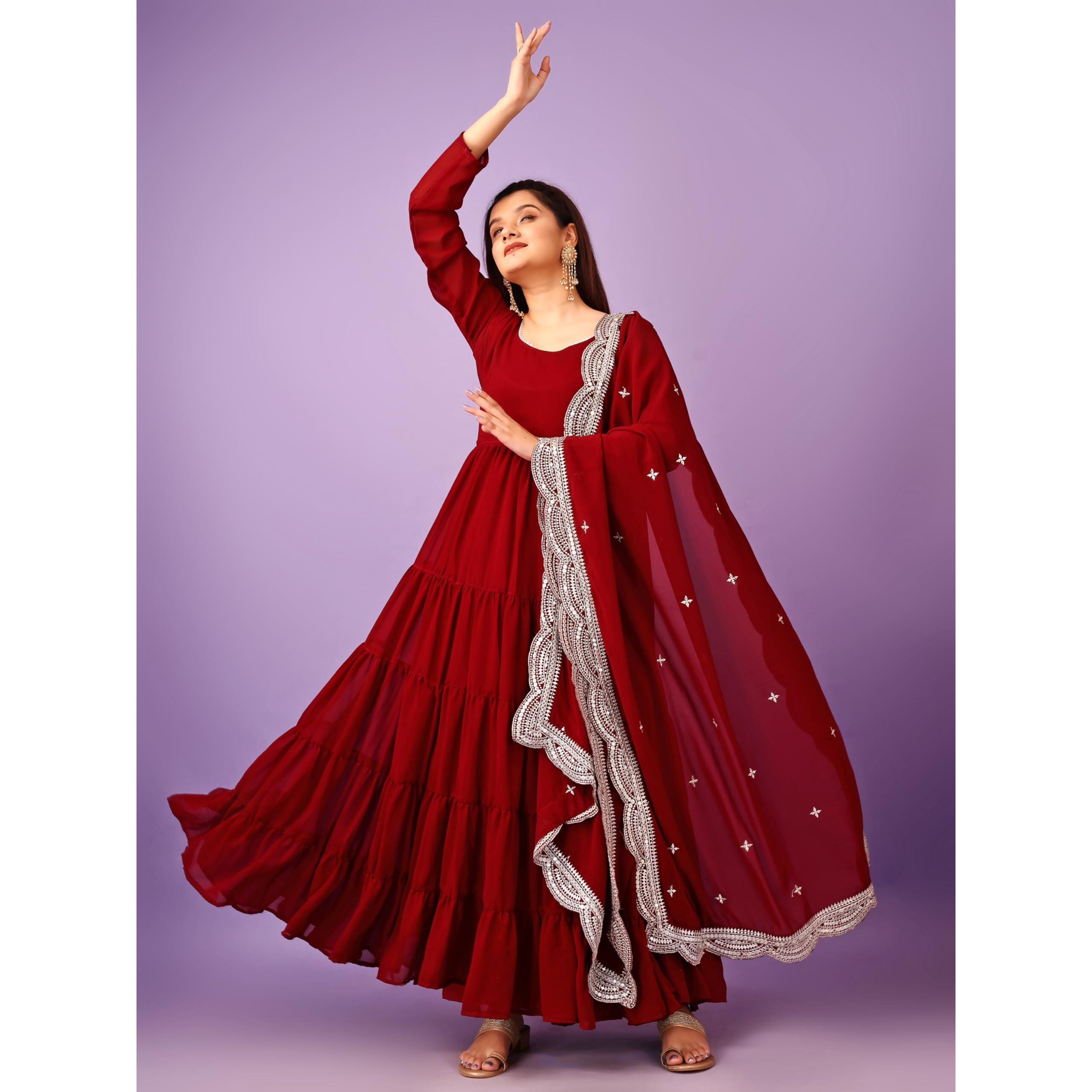 Wedani Georgette Sequins Work Anarkali Kurta Set for Women (in, Alpha, M, Regular, Maroon)