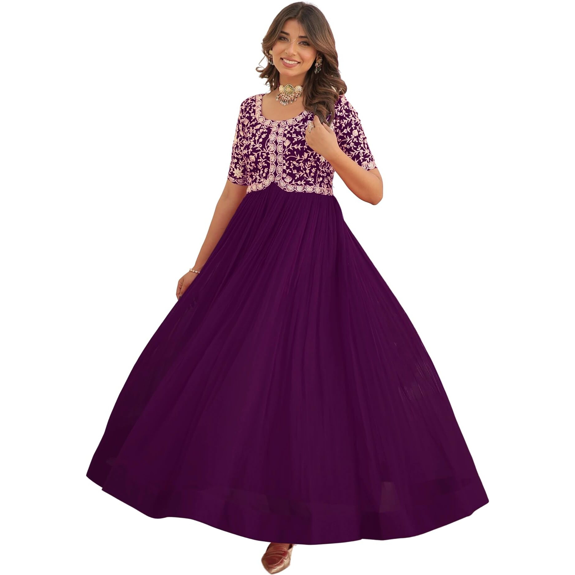 Wedani Georgette Anarkali Gown with Embroidered Top for Women (in, Alpha, 2XL, Regular, Purple)