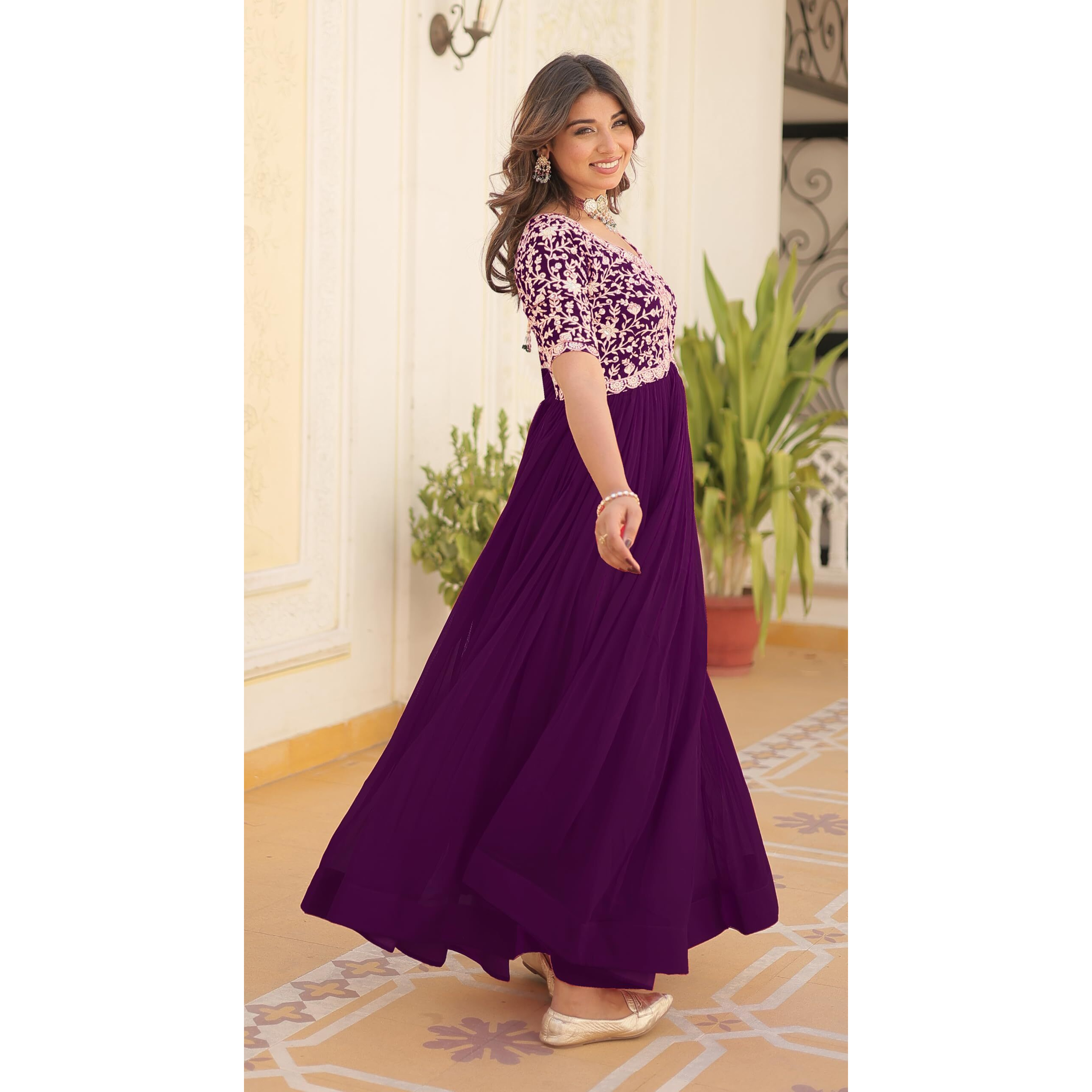 Wedani Georgette Anarkali Gown with Embroidered Top for Women (in, Alpha, 2XL, Regular, Purple)