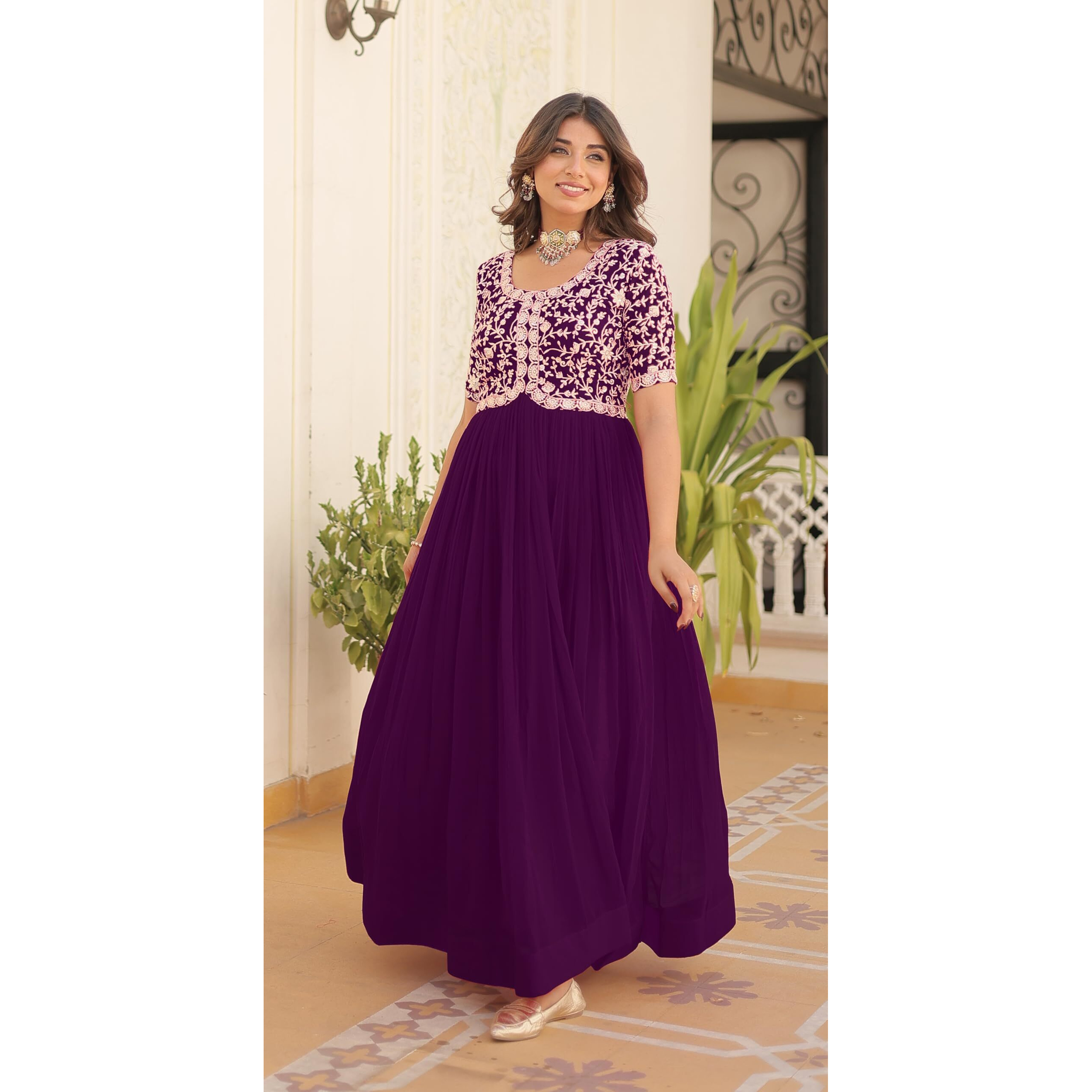 Wedani Georgette Anarkali Gown with Embroidered Top for Women (in, Alpha, 2XL, Regular, Purple)