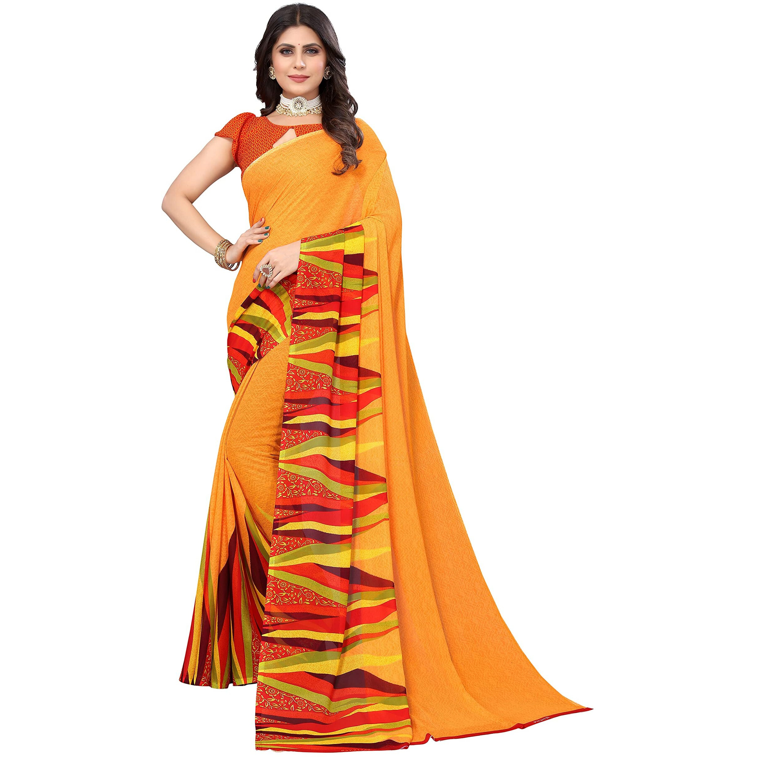 Yashika Jacquard Women's Yellow Georgette Printed Saree with Unstitched Blouse Piece (ABHITHA