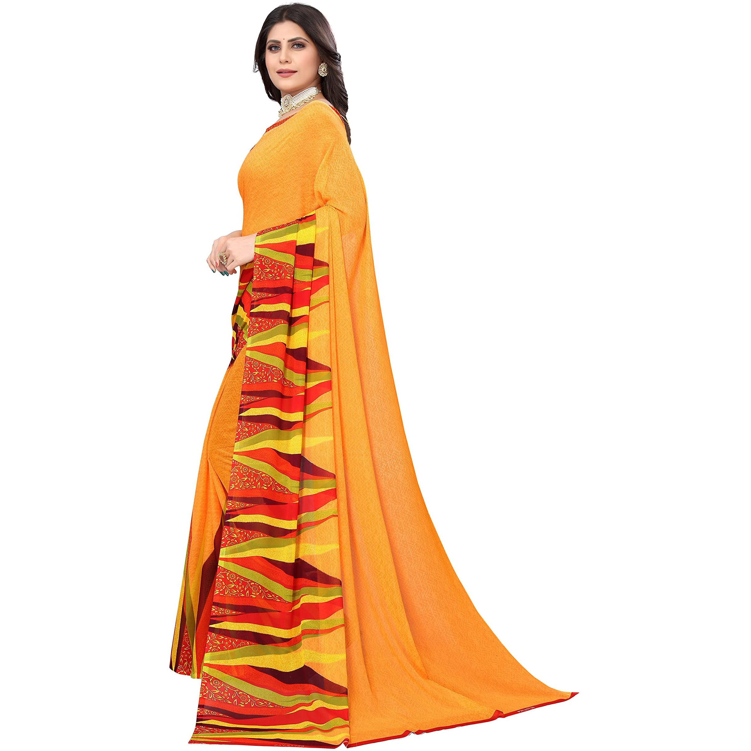 Yashika Jacquard Women's Yellow Georgette Printed Saree with Unstitched Blouse Piece (ABHITHA