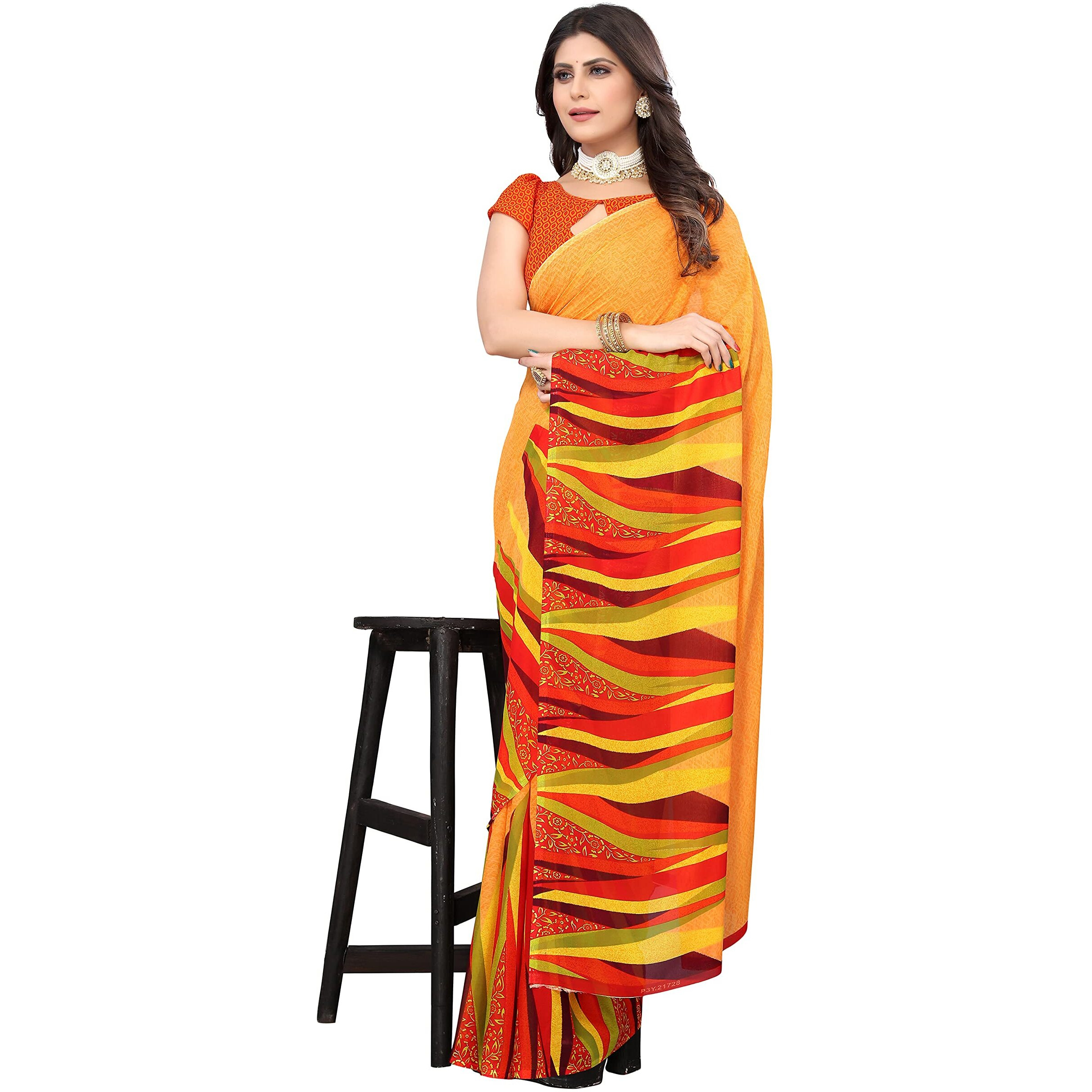 Yashika Jacquard Women's Yellow Georgette Printed Saree with Unstitched Blouse Piece (ABHITHA