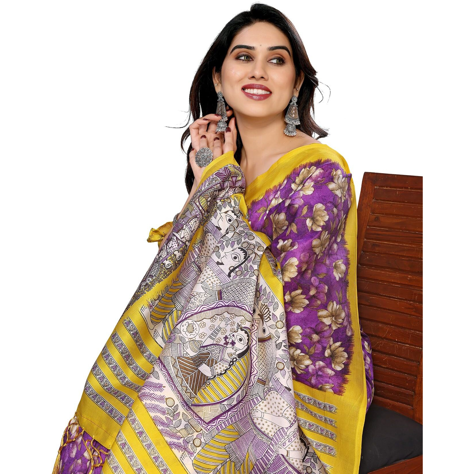 Yashika Women's Printed Kalamkari Art Silk Saree With Tassels and Unstitched Blouse Material (AZ-YS-P3-SUBILA VIOLET JHALAR)