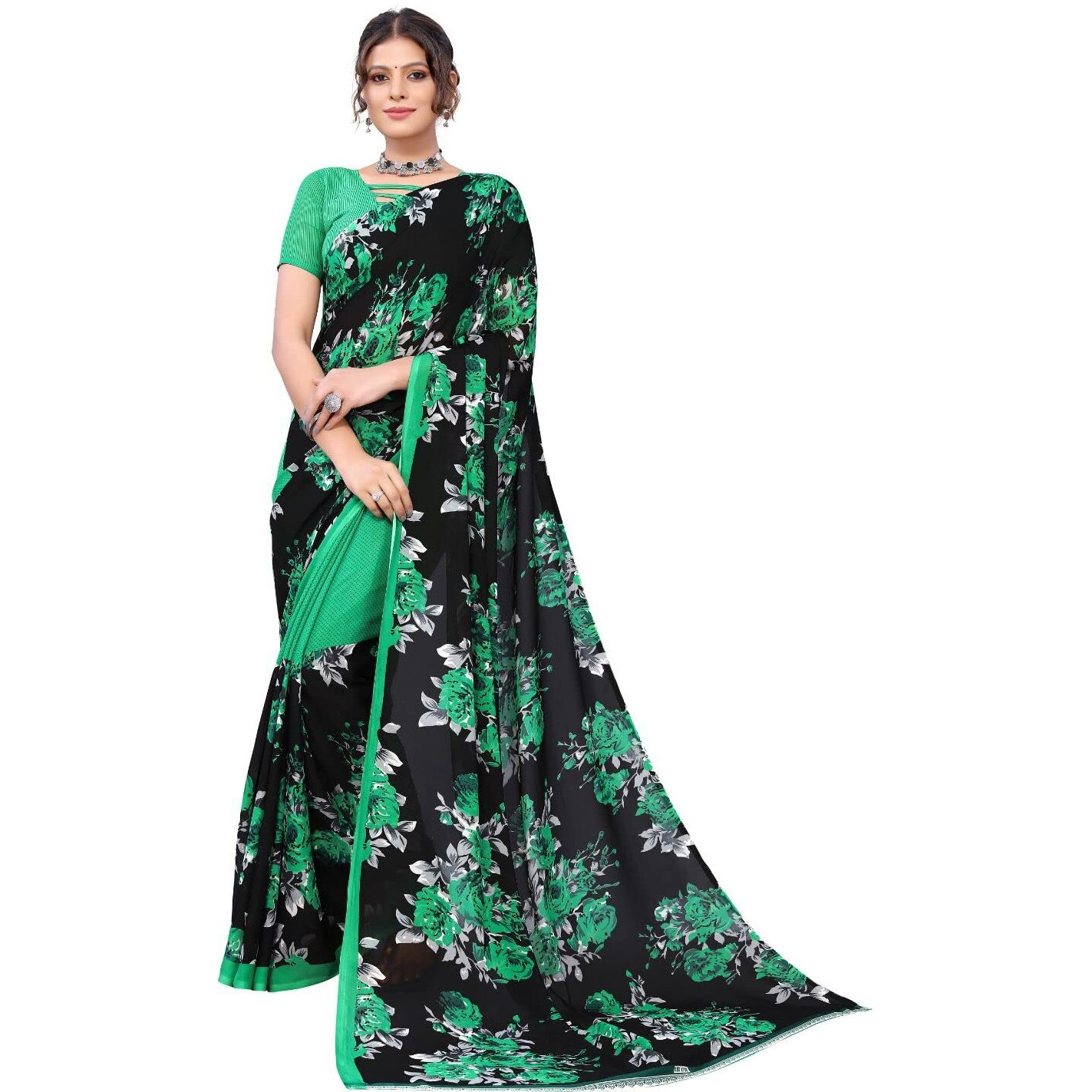 Yashika Women's Jacquard Georgette Saree (Floral Green_W