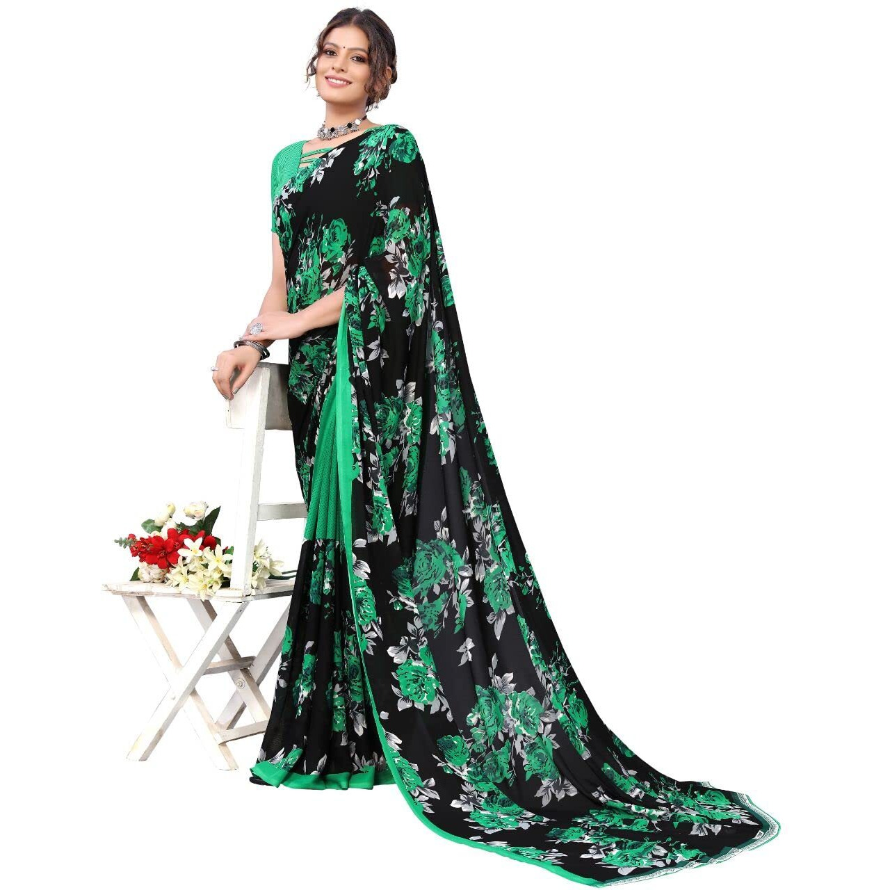 Yashika Women's Jacquard Georgette Saree (Floral Green_W
