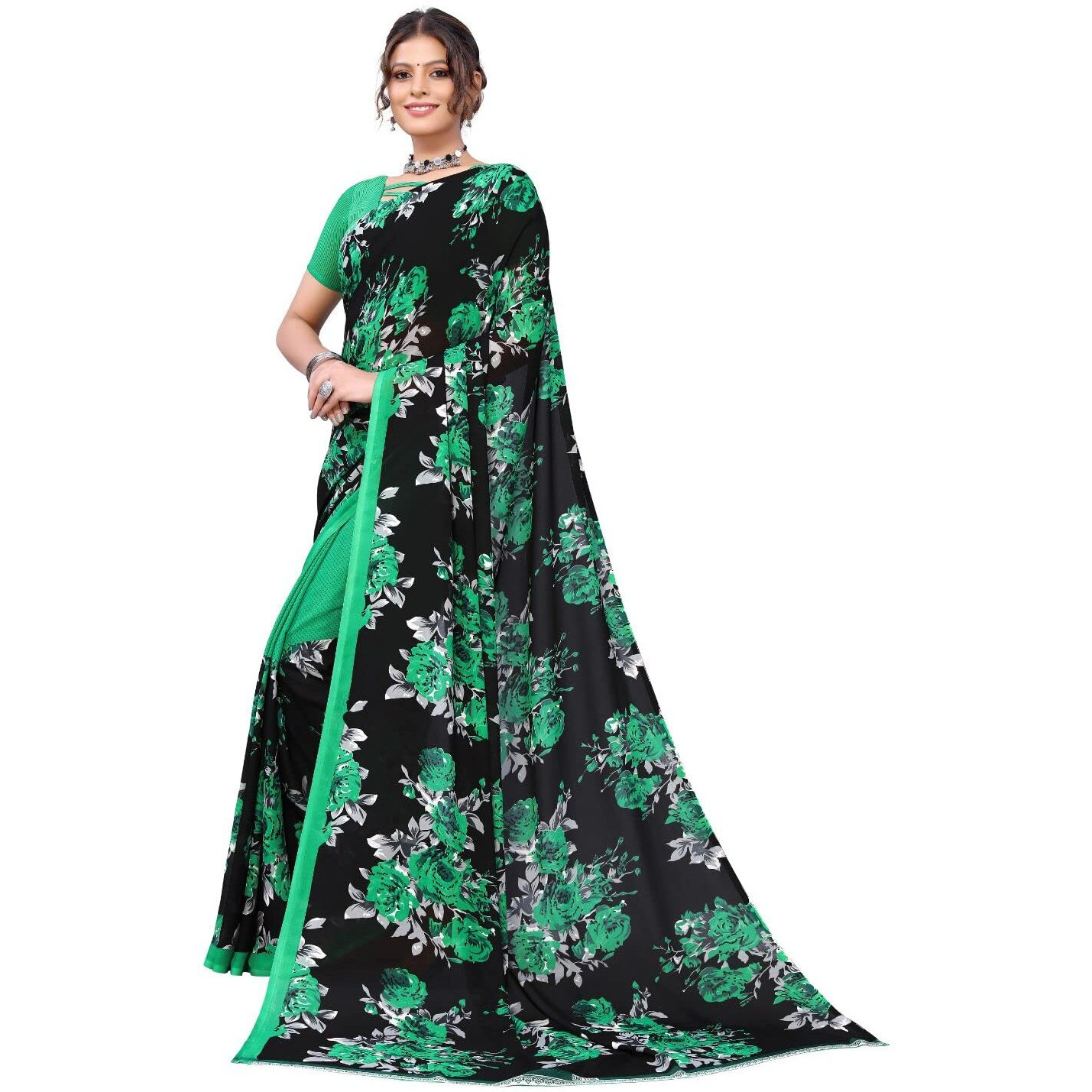 Yashika Women's Jacquard Georgette Saree (Floral Green_W