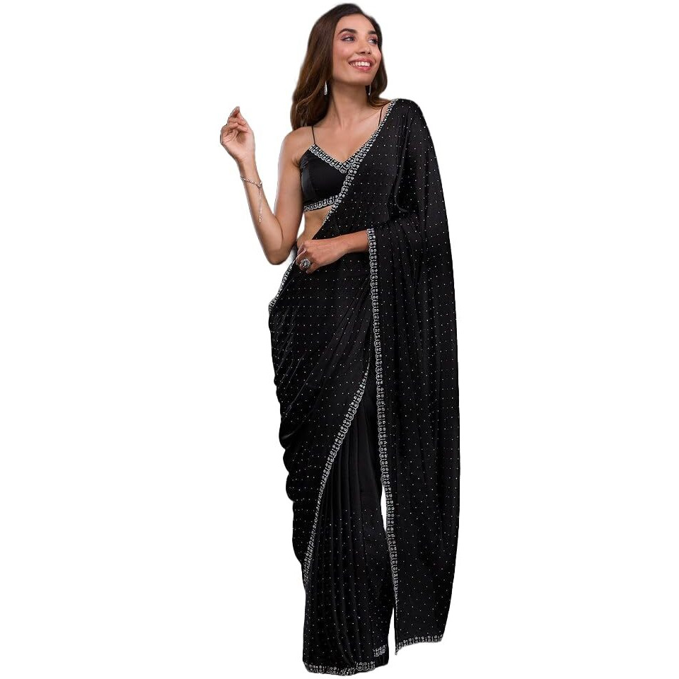 Yashika Women's Hot Fix Solid Color Satin Moss Saree With Unstitched Blouse Material (AZ-YS-OG-CHINTU BLACK)