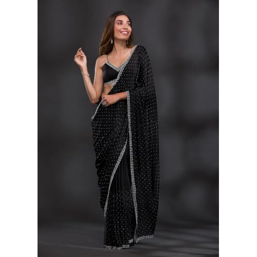 Yashika Women's Hot Fix Solid Color Satin Moss Saree With Unstitched Blouse Material (AZ-YS-OG-CHINTU BLACK)