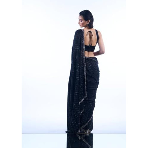 Yashika Women's Hot Fix Solid Color Satin Moss Saree With Unstitched Blouse Material (AZ-YS-OG-CHINTU BLACK)