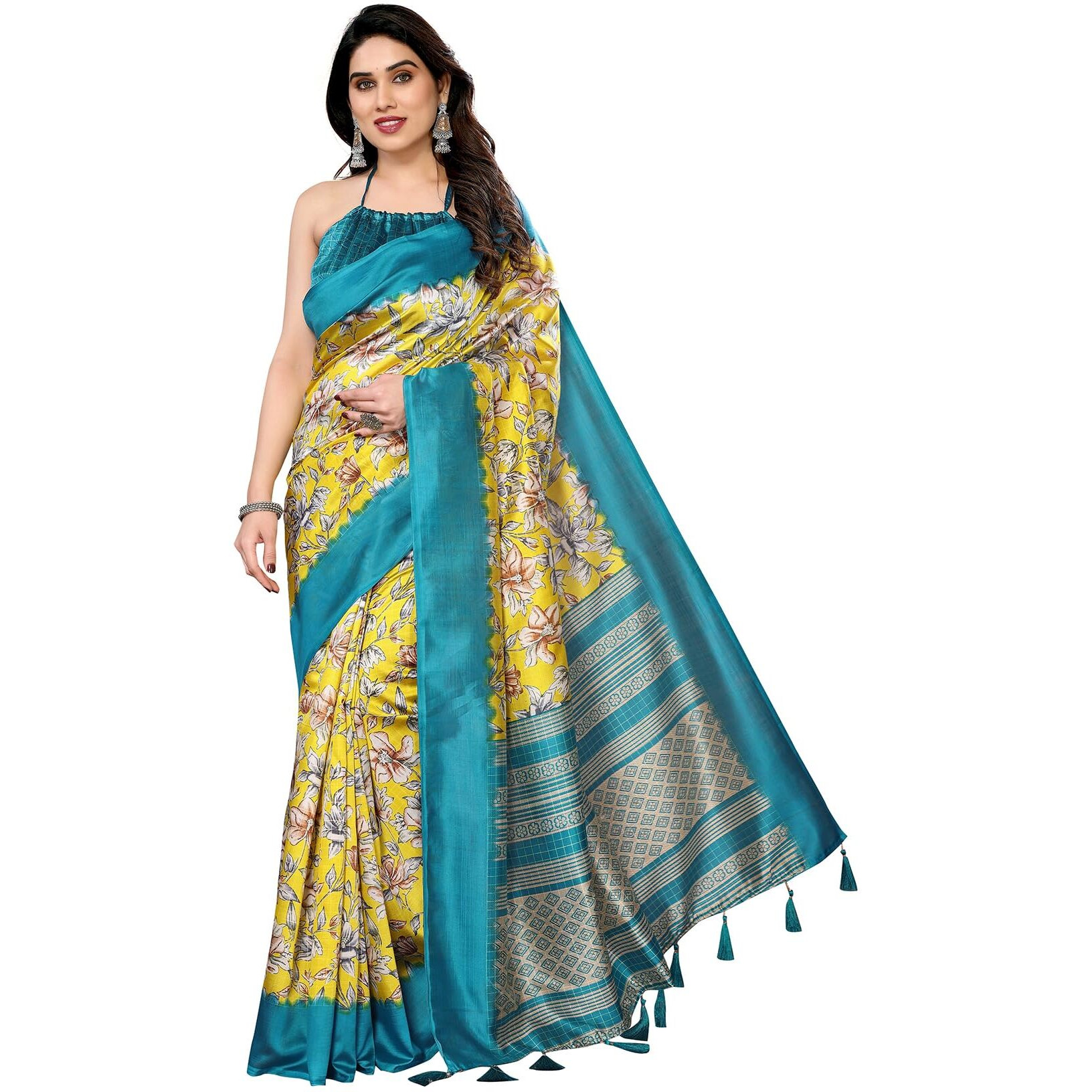 Yashika Women's Printed Kalamkari Art Silk Saree With Tassels and Unstitched Blouse Material (AZ-YS-P1-SEVIKA YELLOW)