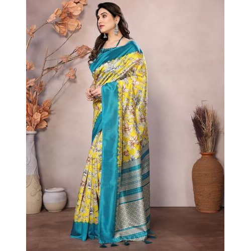 Yashika Women's Printed Kalamkari Art Silk Saree With Tassels and Unstitched Blouse Material (AZ-YS-P1-SEVIKA YELLOW)