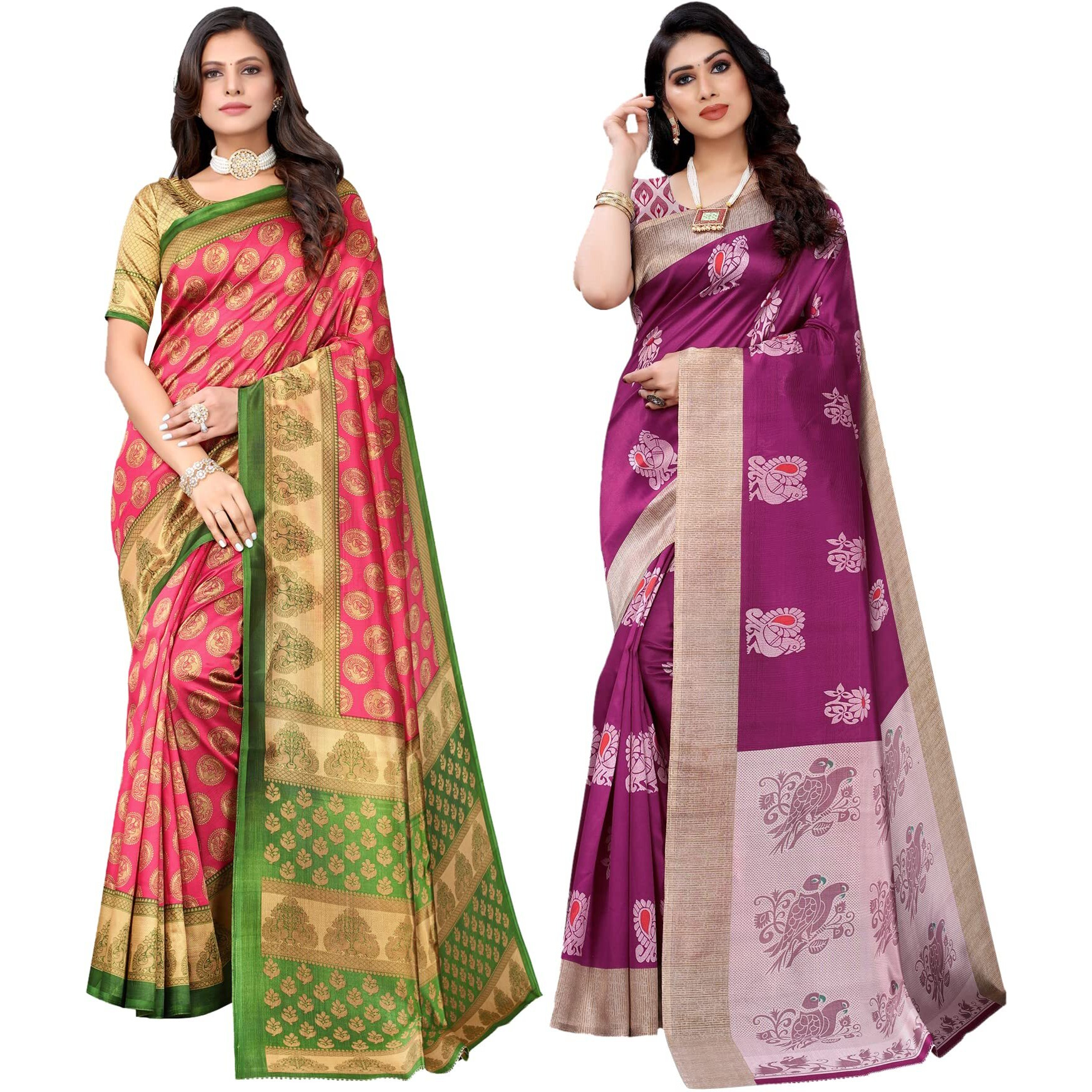 Yashika Women's Combo Art Silk Printed Saree With Blouse Piece Pack Of 5(ALIFA PINK-KESAR WINE)