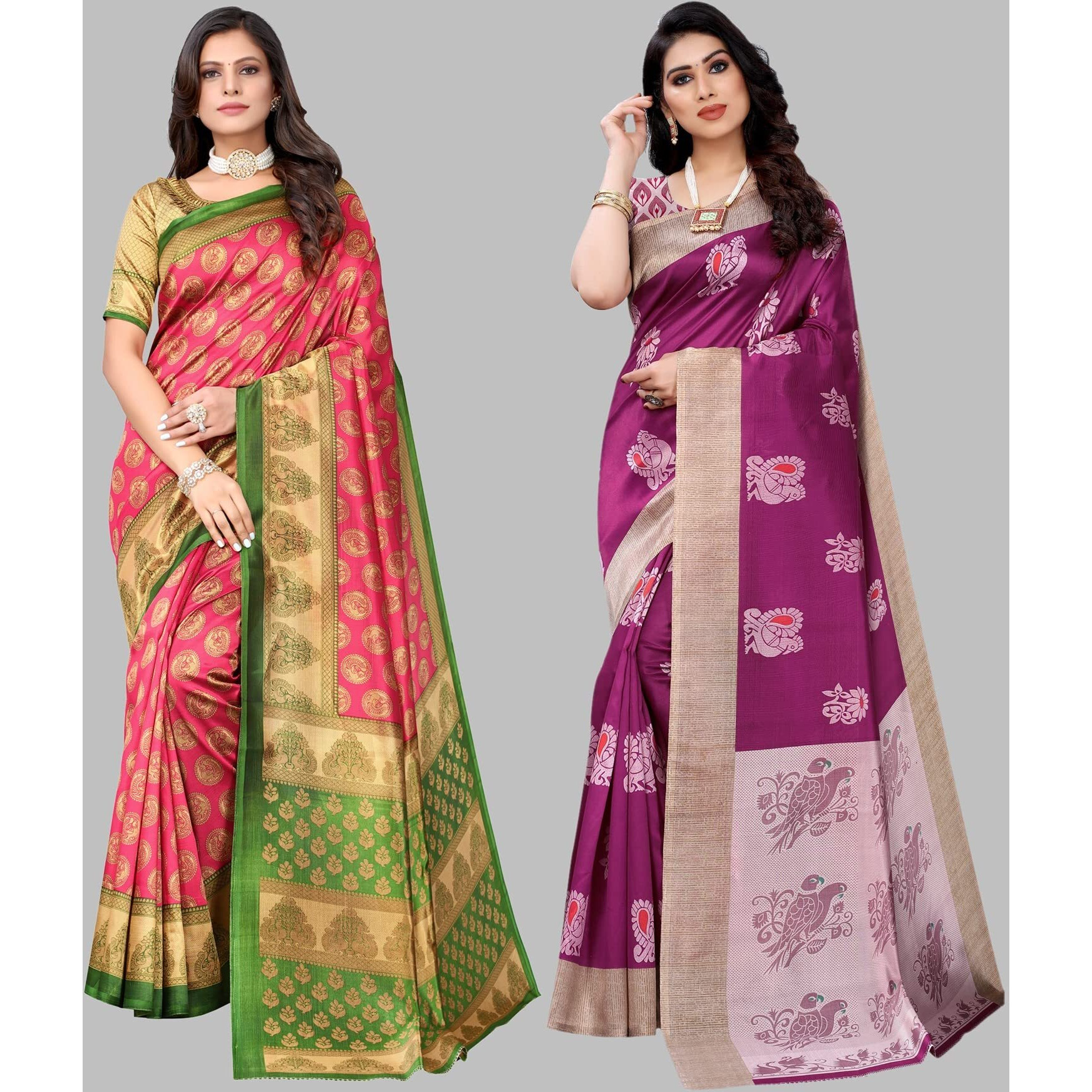 Yashika Women's Combo Art Silk Printed Saree With Blouse Piece Pack Of 5(ALIFA PINK-KESAR WINE)