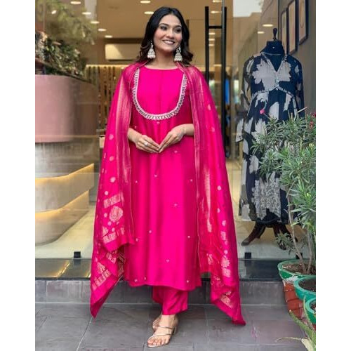 Yashika Women's Regular Silk Blend Kurta Pant with Jacquard Dupatta Set and Khatali Work Suitable for Every Indian Occasion (AZ-YS-OG-KS2177-Parent_Pink_M)