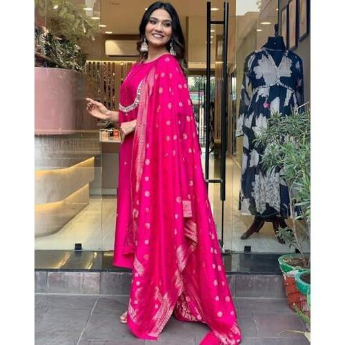 Yashika Women's Regular Silk Blend Kurta Pant with Jacquard Dupatta Set and Khatali Work Suitable for Every Indian Occasion (AZ-YS-OG-KS2177-Parent_Pink_M)