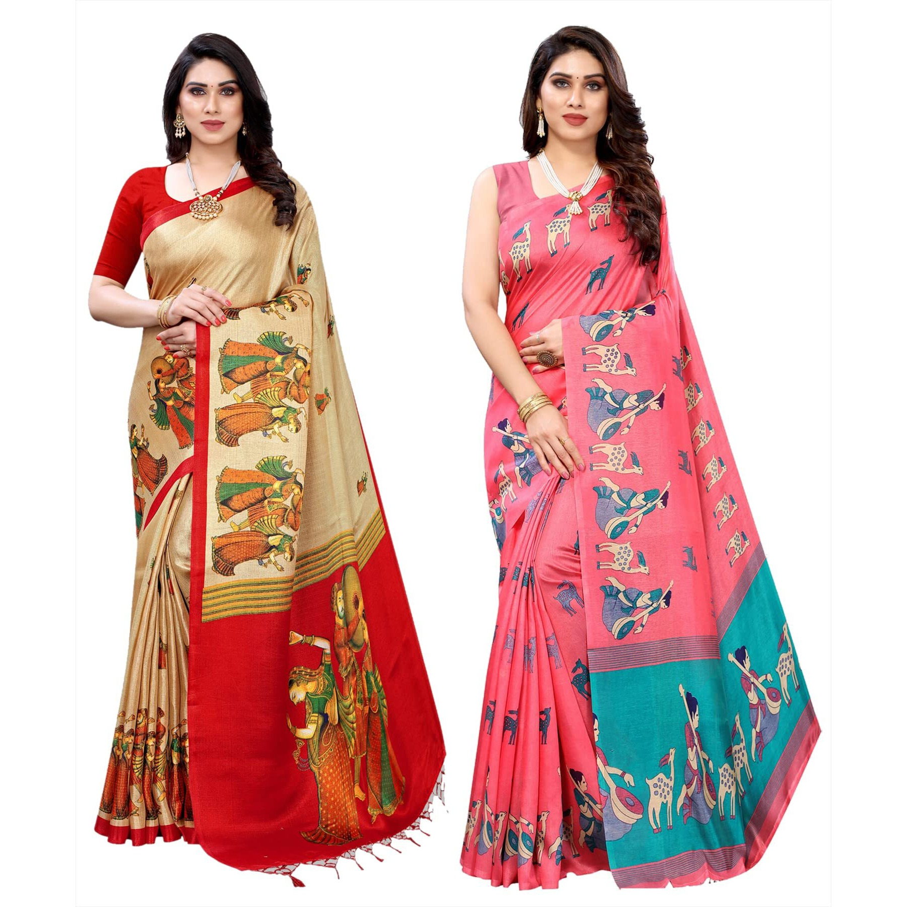 Yashika Women's Combo Art Silk Printed Saree With Blouse Piece Pack Of 2(RAJARANI CHICKU-MAITHALI PINK)