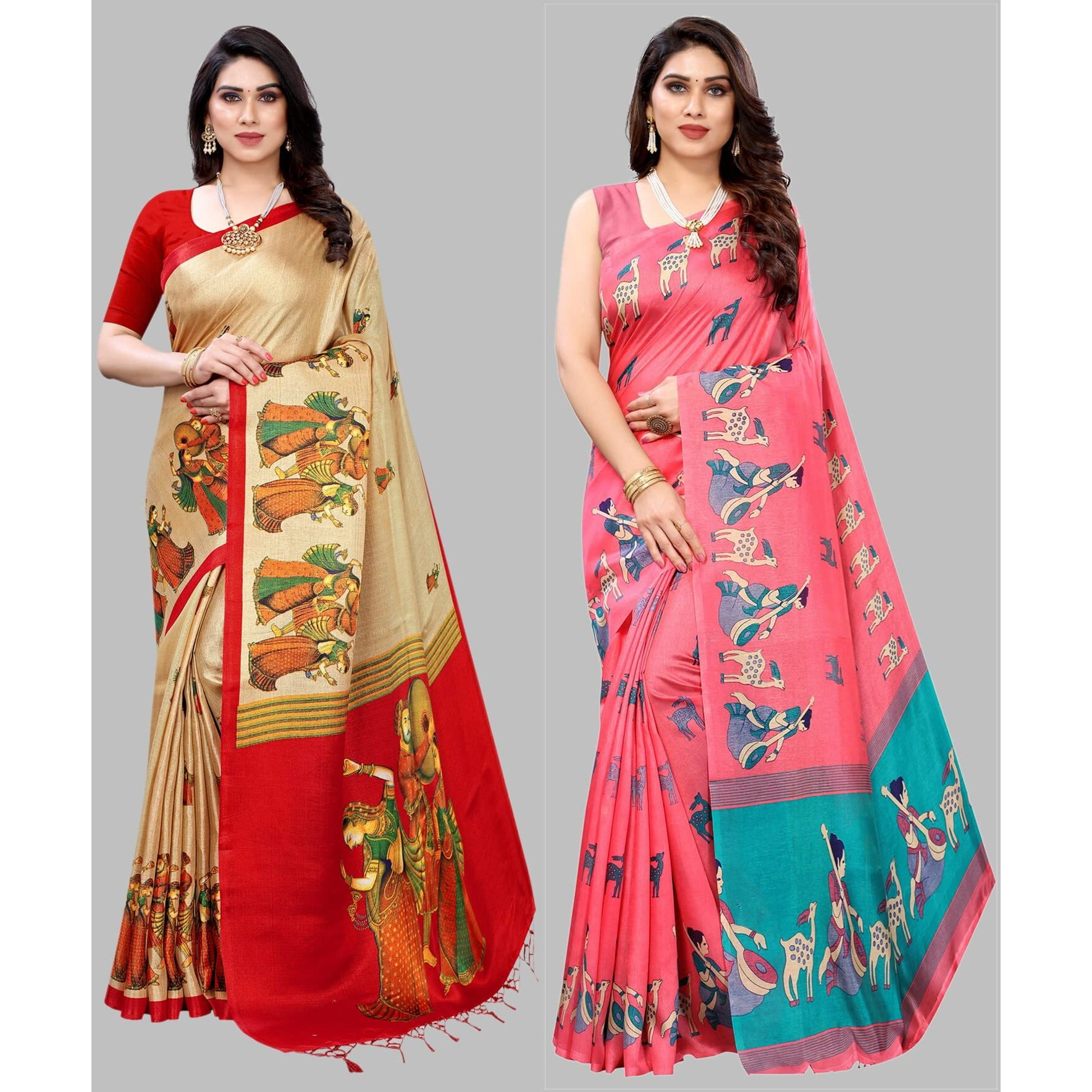 Yashika Women's Combo Art Silk Printed Saree With Blouse Piece Pack Of 2(RAJARANI CHICKU-MAITHALI PINK)