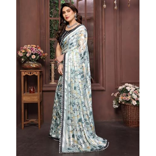 Yashika Women's Printed Georgette Satin Saree with Lace Border and Blouse Material (AZ-YS-P1-SHABNAM NAVY)