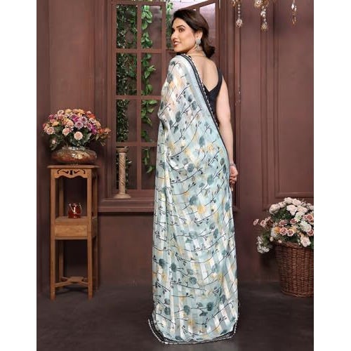 Yashika Women's Printed Georgette Satin Saree with Lace Border and Blouse Material (AZ-YS-P1-SHABNAM NAVY)