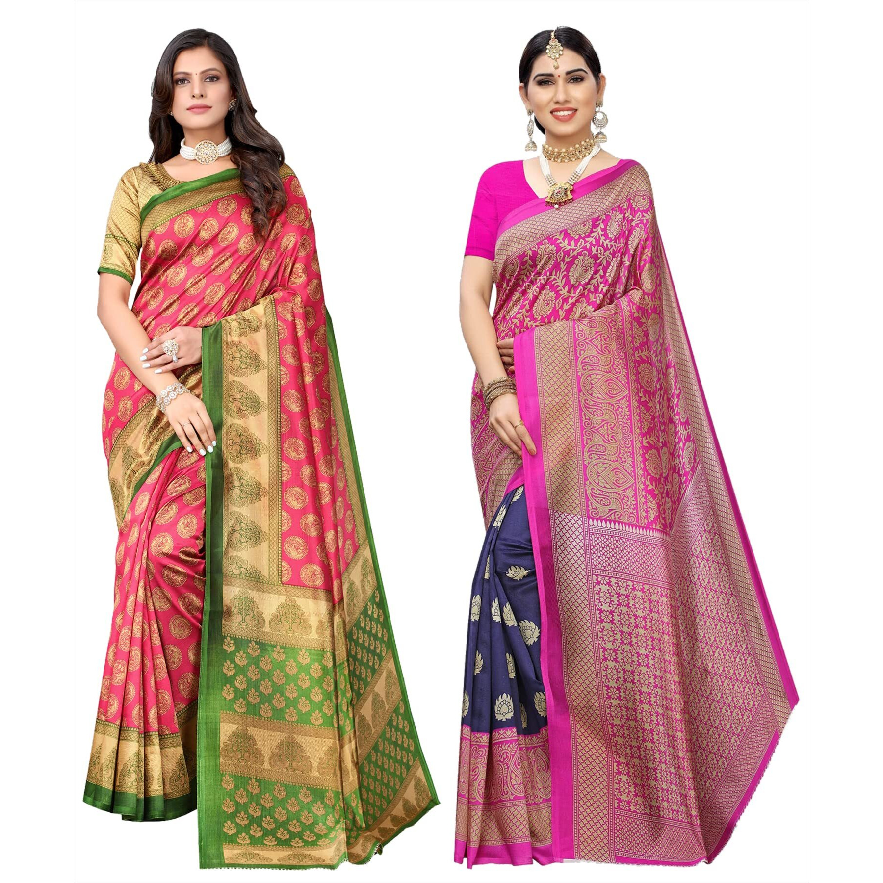 Yashika Women's Combo Art Silk Printed Saree With Blouse Piece Pack Of 2(ALIFA PINK-METRO NAVY)