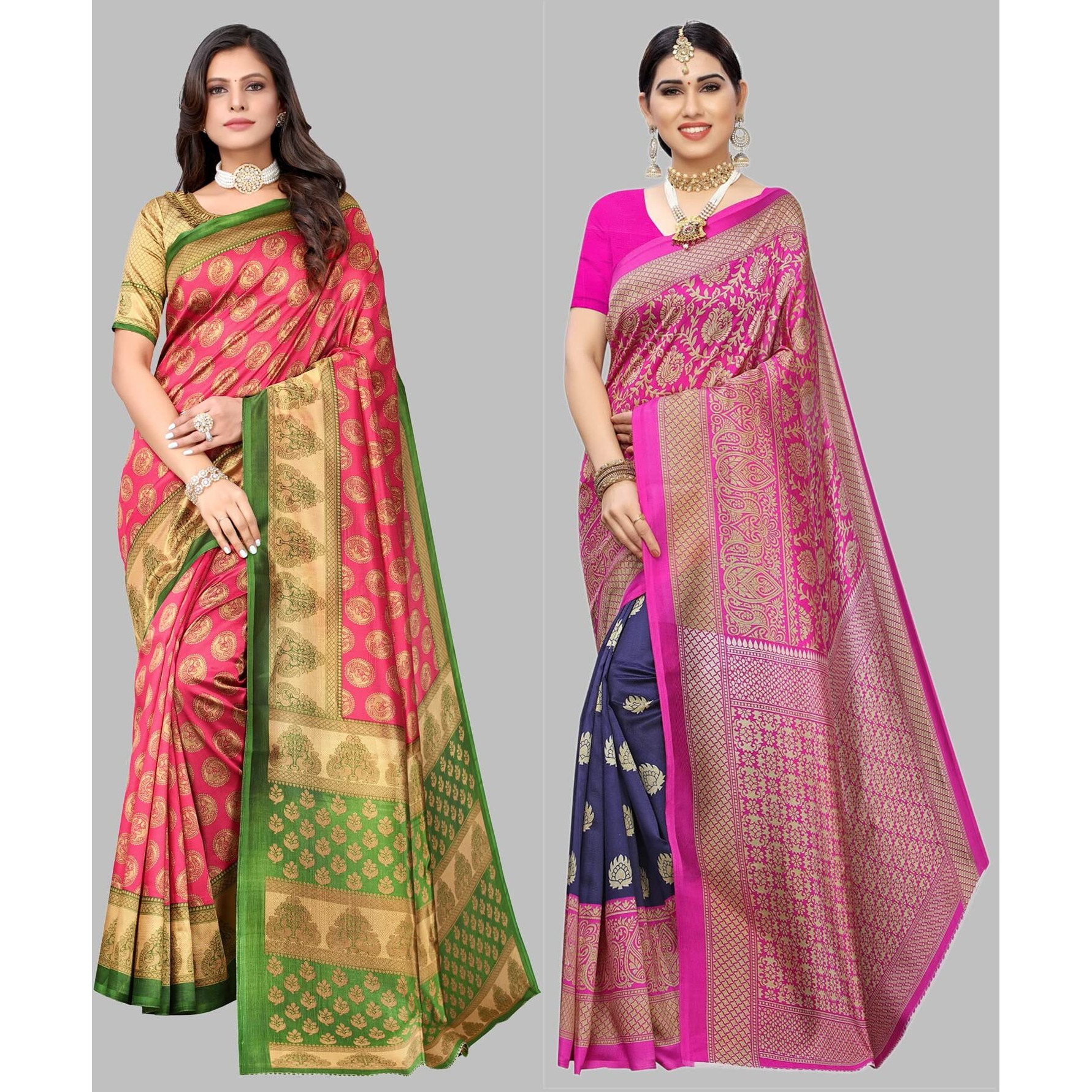 Yashika Women's Combo Art Silk Printed Saree With Blouse Piece Pack Of 2(ALIFA PINK-METRO NAVY)