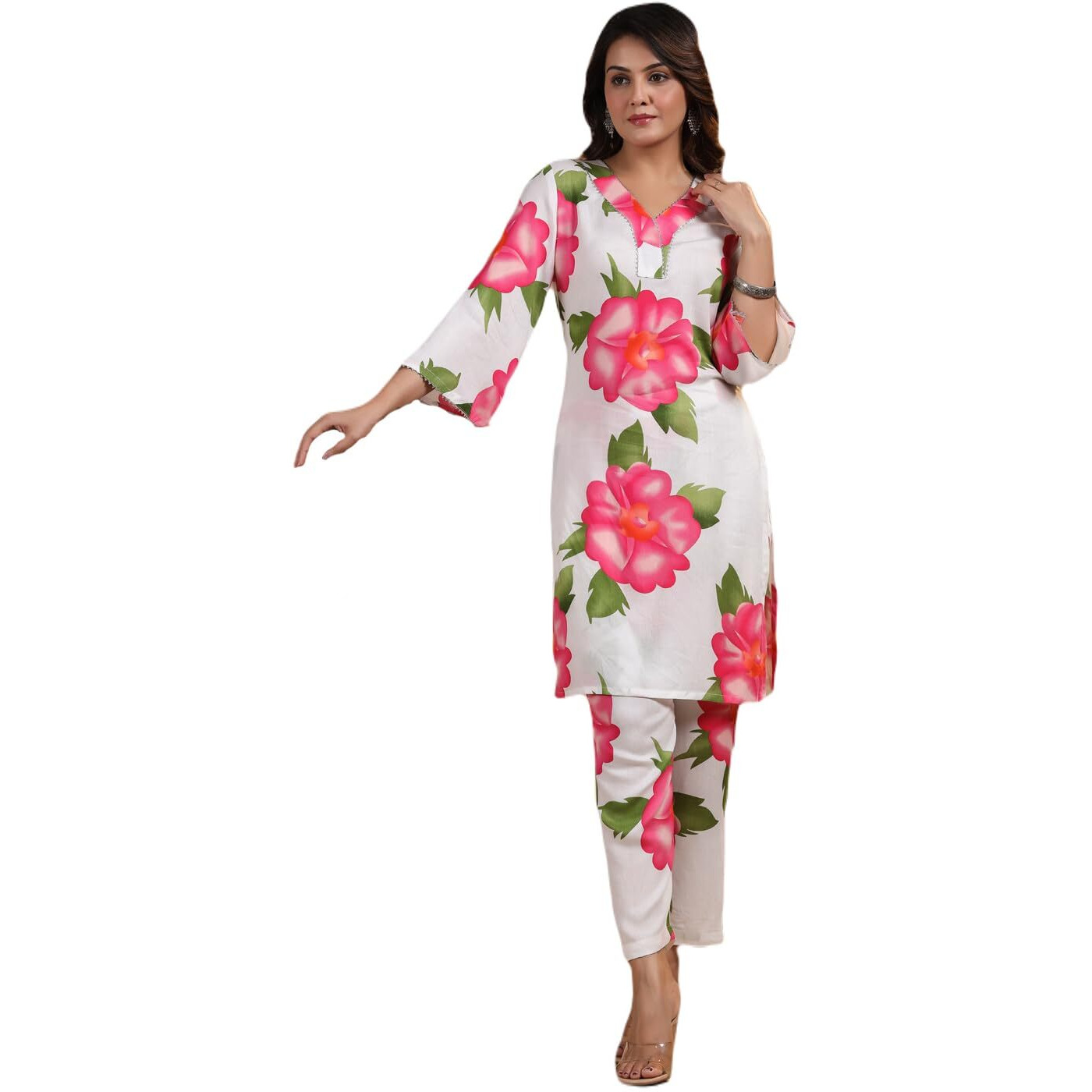 ANNI DESIGNER Women's Rayon Blend Straight Printed Kurta with Pant (Lace Cream Co-ord-BV_M_White_Medium)