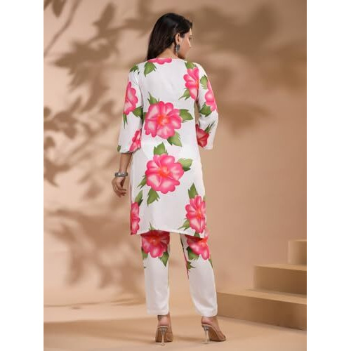 ANNI DESIGNER Women's Rayon Blend Straight Printed Kurta with Pant (Lace Cream Co-ord-BV_M_White_Medium)