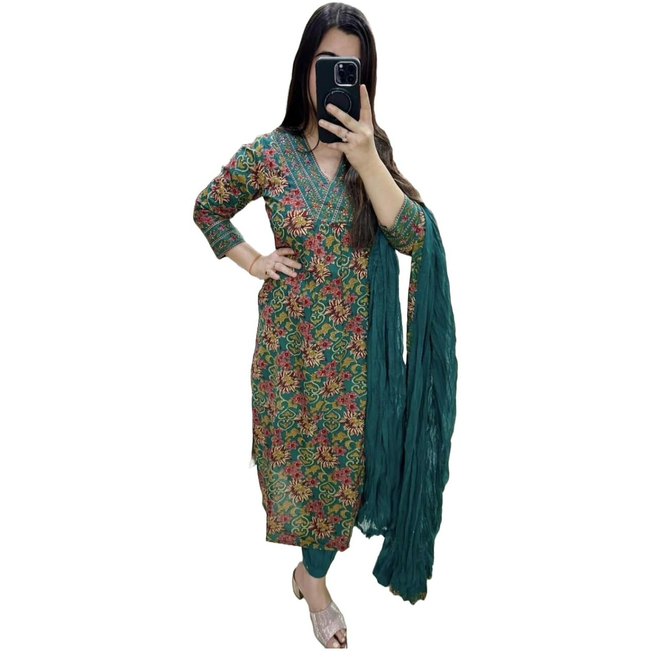 ANNI DESIGNER Women's Cotton Blend Straight Printed Kurta with Pant & Dupatta (Shaniya Green_S_Green_Small)