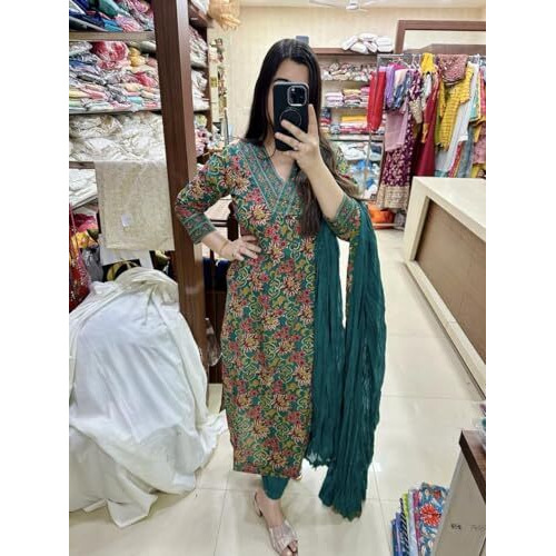ANNI DESIGNER Women's Cotton Blend Straight Printed Kurta with Pant & Dupatta (Shaniya Green_S_Green_Small)