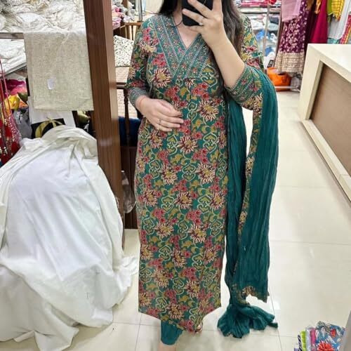 ANNI DESIGNER Women's Cotton Blend Straight Printed Kurta with Pant & Dupatta (Shaniya Green_S_Green_Small)