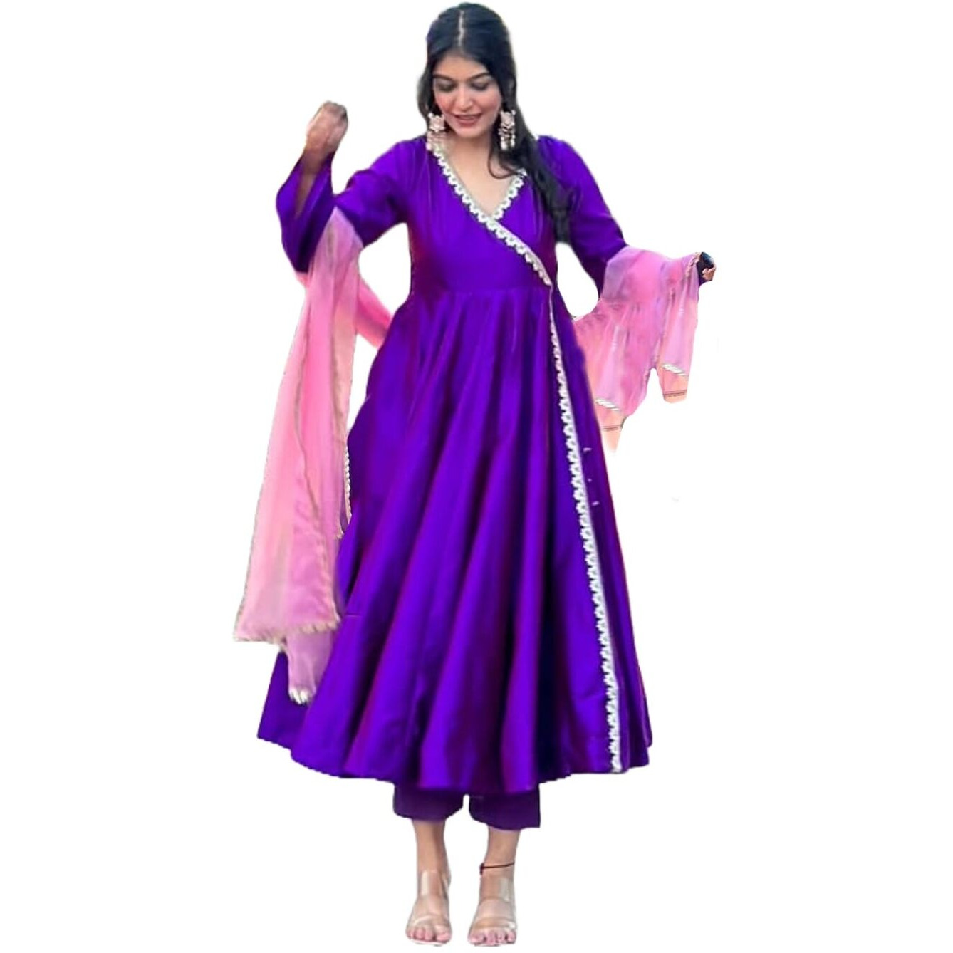 ANNI DESIGNER Women's Rayon Blend Anarkali Solid Kurta with Pant & Dupatta (MIHINI BEGANI_L_Begani_Large)