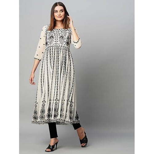ANNI DESIGNER Women's Cotton Blend Anarkali Chikankari Embroidered Kurti (Dori Kali White_L_White_Large)