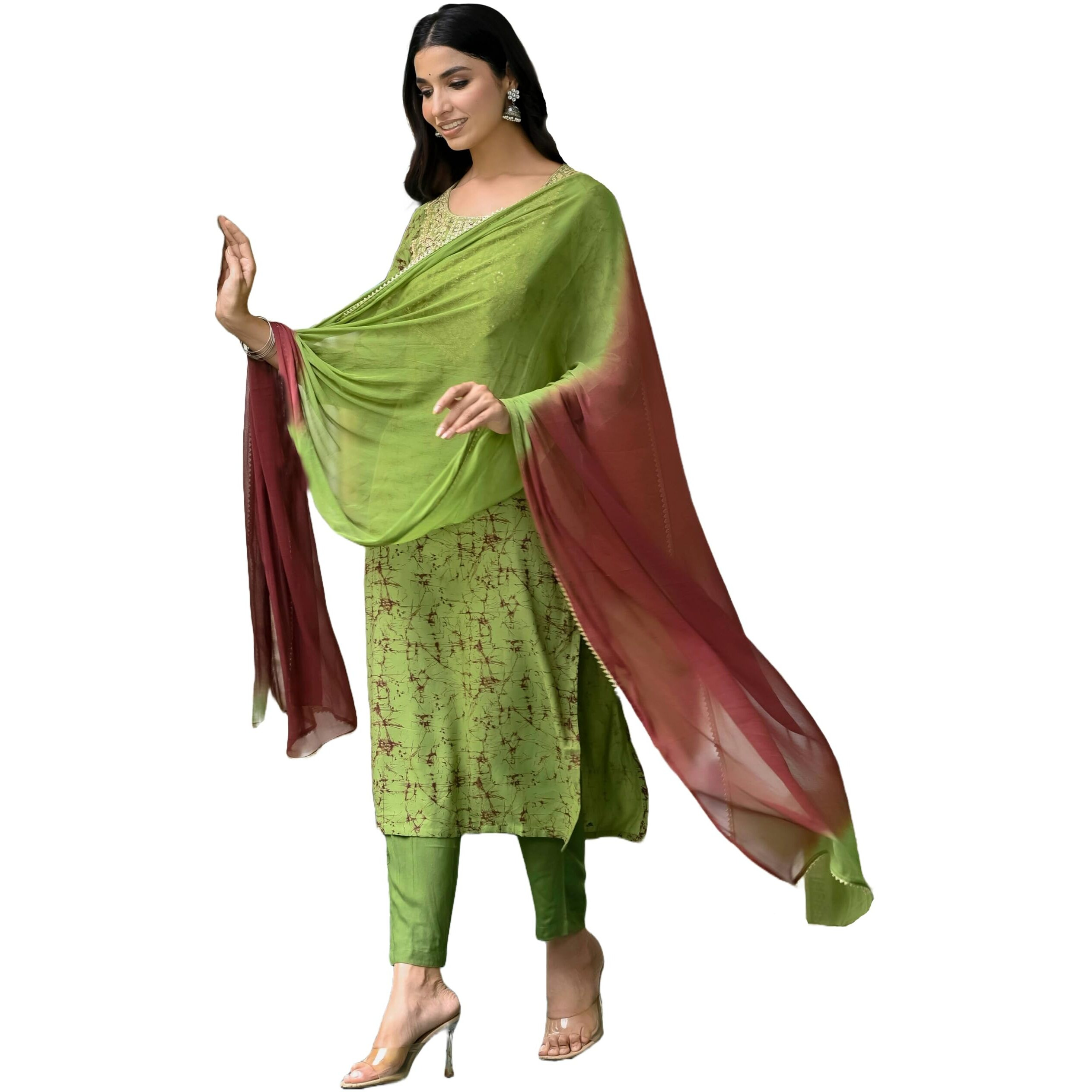 ANNI DESIGNER Women's Cotton Blend Straight Printed Kurta with Pant & Dupatta (Kajal Mehandi_XL_Green_X-Large)