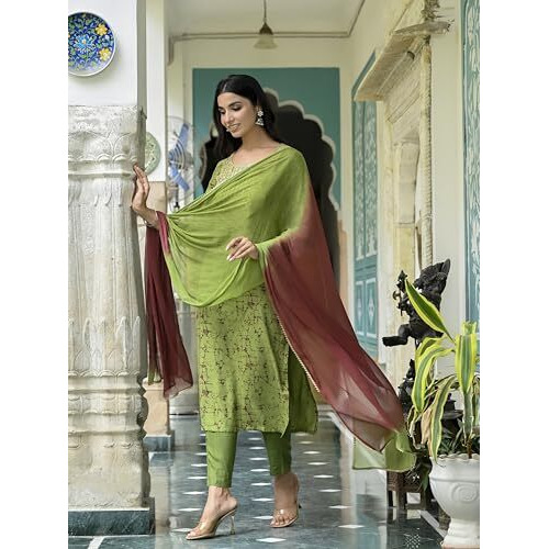 ANNI DESIGNER Women's Cotton Blend Straight Printed Kurta with Pant & Dupatta (Kajal Mehandi_XL_Green_X-Large)