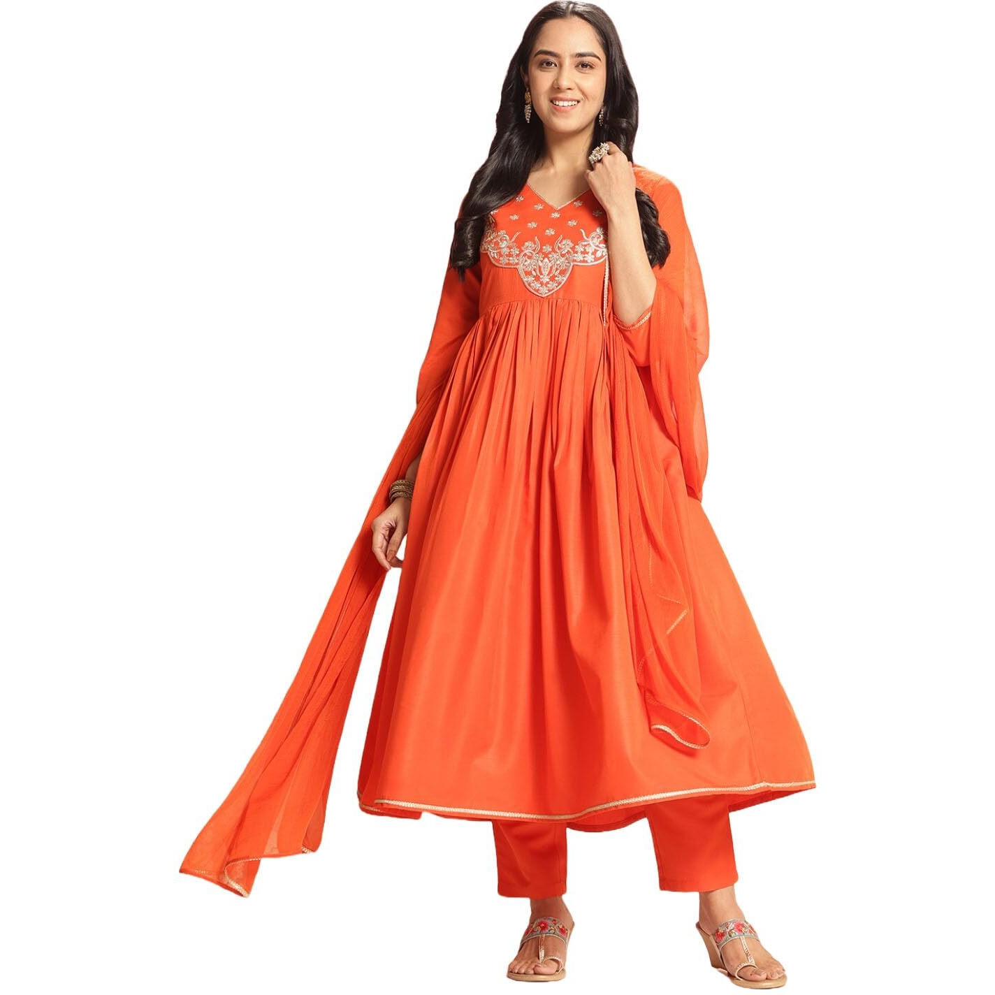 ANNI DESIGNER Women's Rayon Blend Embroidered Anarkali Kurta with Pant & Dupatta (Sharvali Orange_L_Orange_Large)