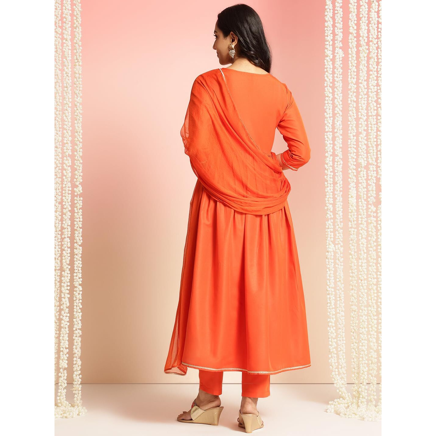 ANNI DESIGNER Women's Rayon Blend Embroidered Anarkali Kurta with Pant & Dupatta (Sharvali Orange_L_Orange_Large)