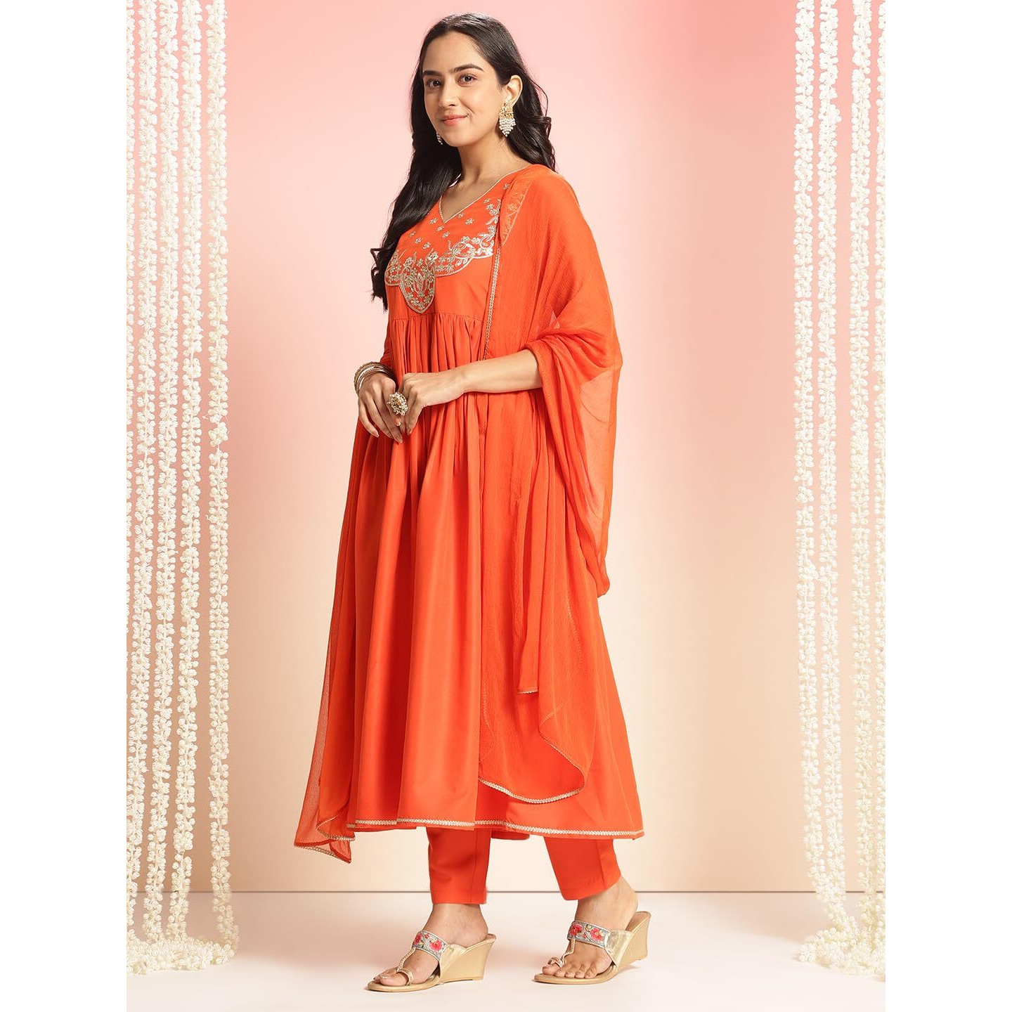 ANNI DESIGNER Women's Rayon Blend Embroidered Anarkali Kurta with Pant & Dupatta (Sharvali Orange_L_Orange_Large)
