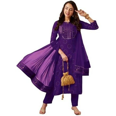 ANNI DESIGNER Women's Rayon Viscose Printed Straight Kurta with Pant & Dupatta (Nov Begani-VKS01_S_Begani_Small)