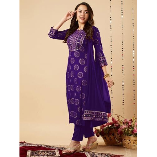 ANNI DESIGNER Women's Rayon Viscose Printed Straight Kurta with Pant & Dupatta (Nov Begani-VKS01_S_Begani_Small)