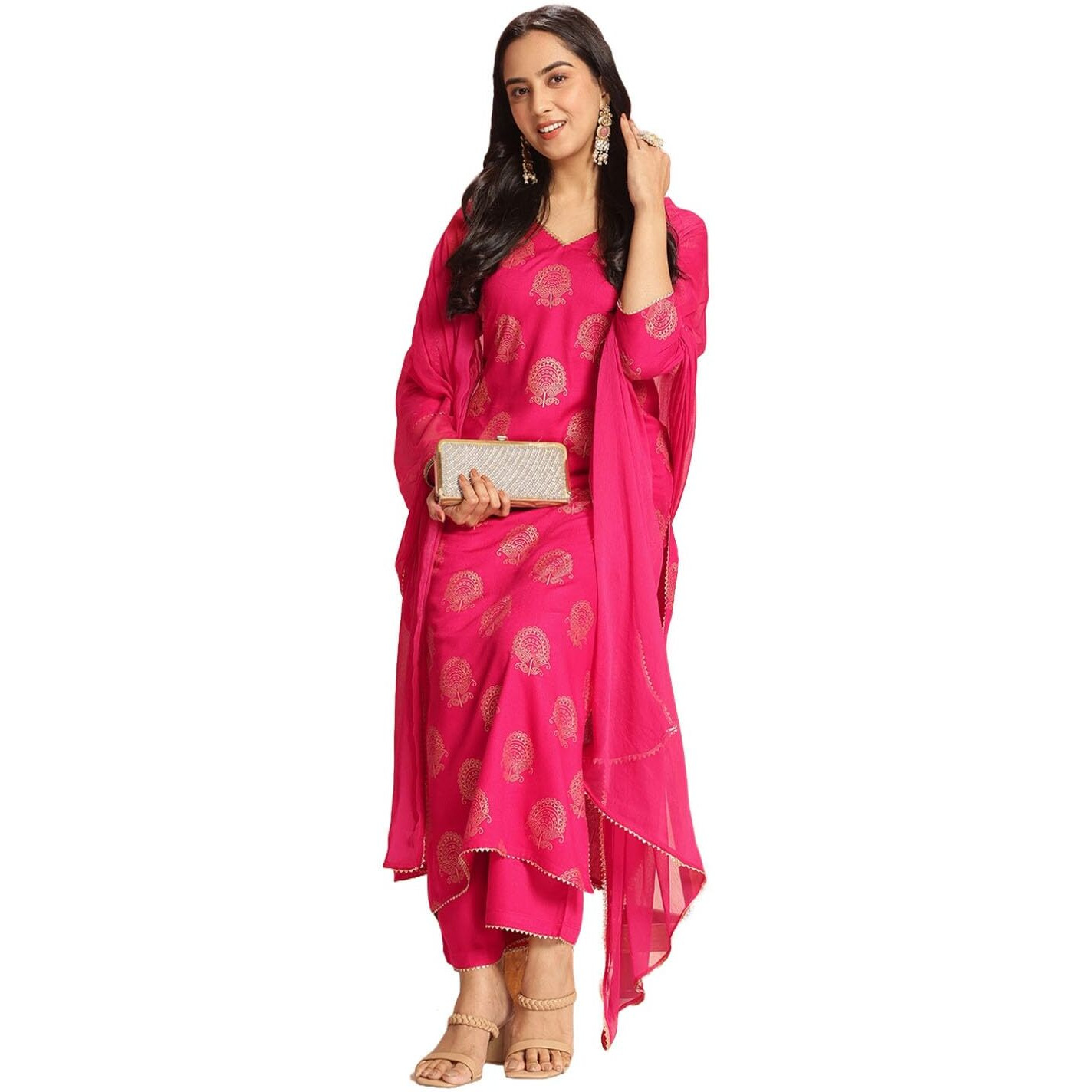 ANNI DESIGNER Women's Rayon Blend Printed Straight Kurta with Pant & Dupatta (Jubal Pink_S_Pink_Small)
